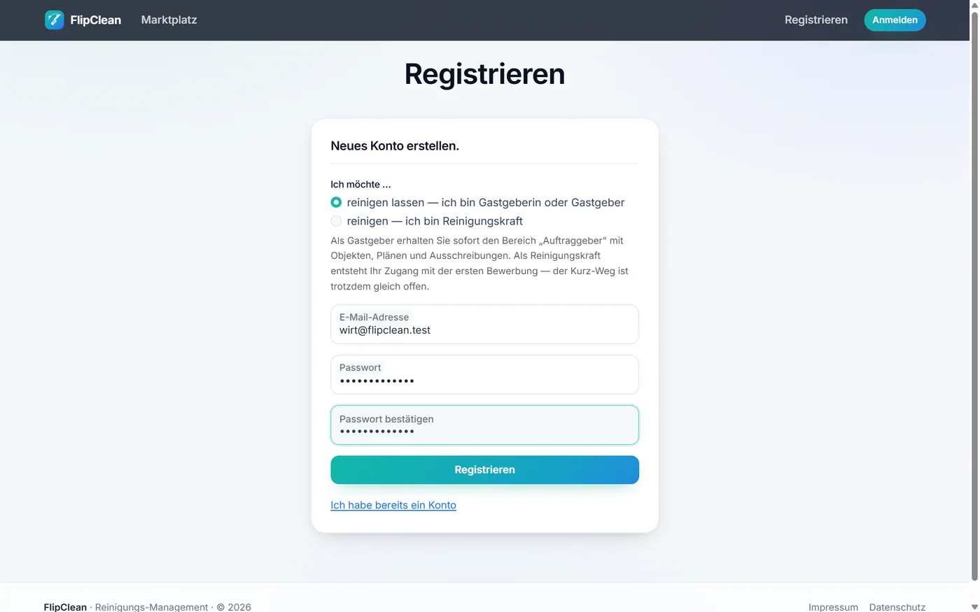 FlipClean – Konto anlegen — mit Rollenwahl