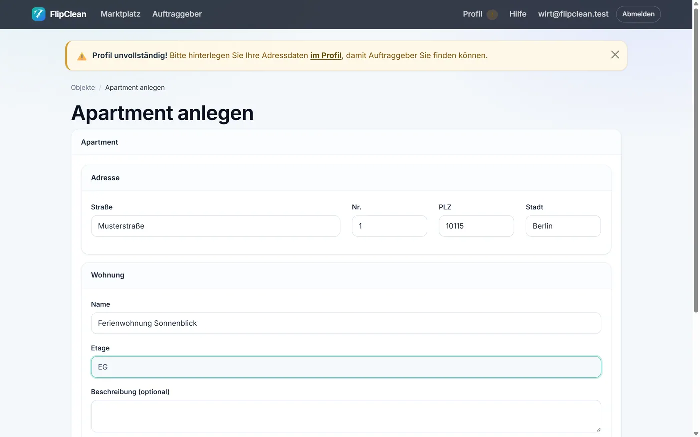 FlipClean – Eine Wohnung anlegen