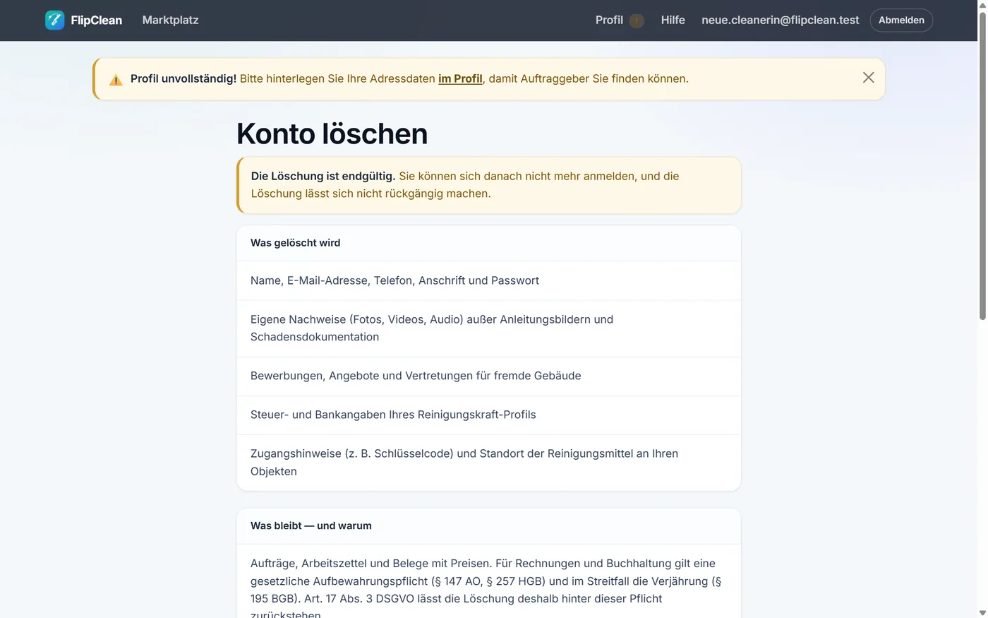 FlipClean – Konto löschen